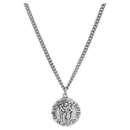 Brilliance Fine Jewelry Sterling Silver Round St.Christopher on Stainless Steel Necklace, 24"