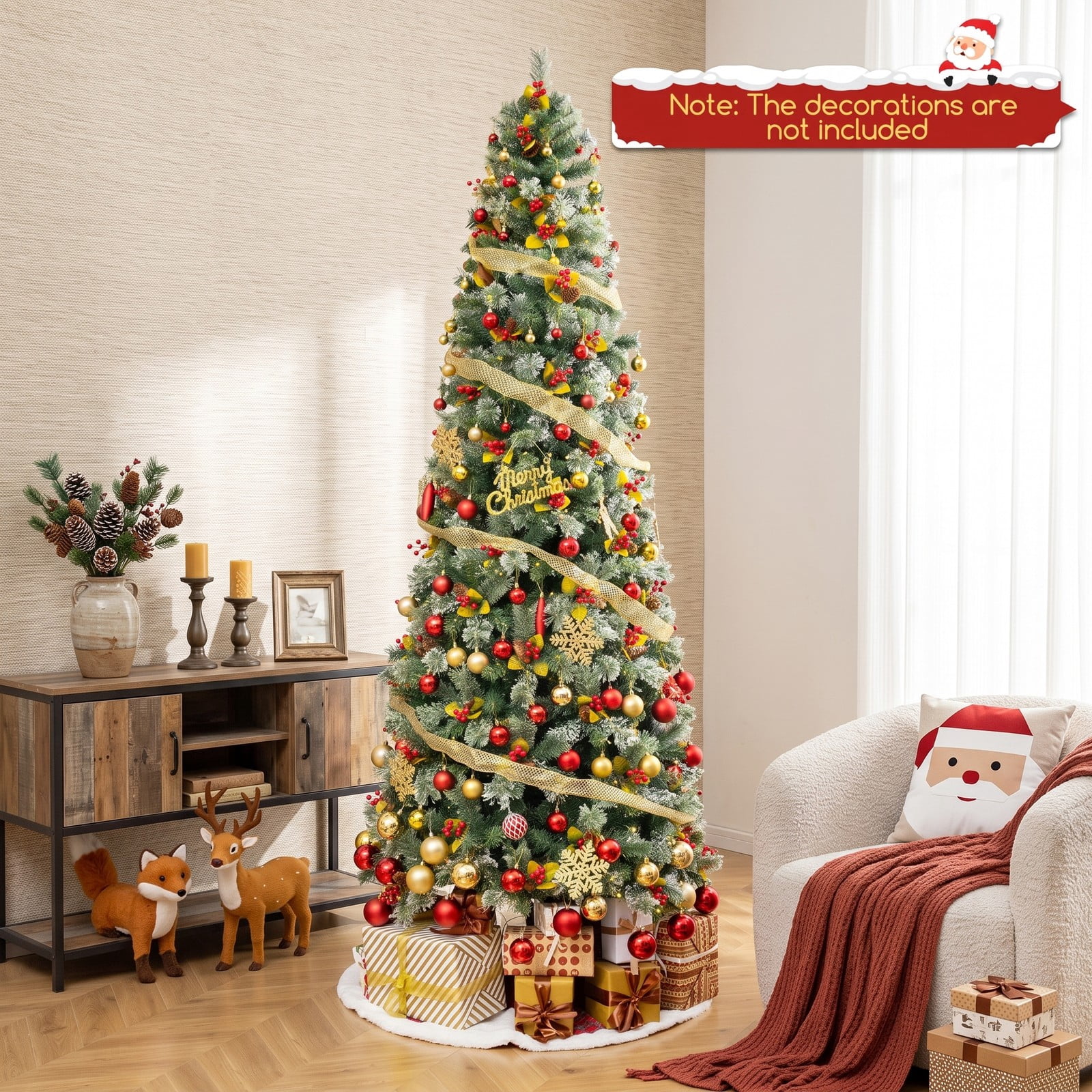 RUIE 9 FT Pre-Lit Artificial Christmas Tree with 1416 Branch Tips, 560 Warm White LED Lights, 8 Lighting Modes and Foldable Metal Stand for Indoor Holiday Decor, Green