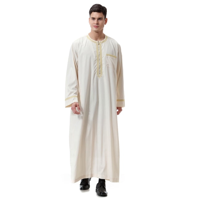 Ceisia Men's Long Sleeve Solid Color Robe Loose Fit Full Length Thobe with Embroidery for Ramadan Beige S Gifts