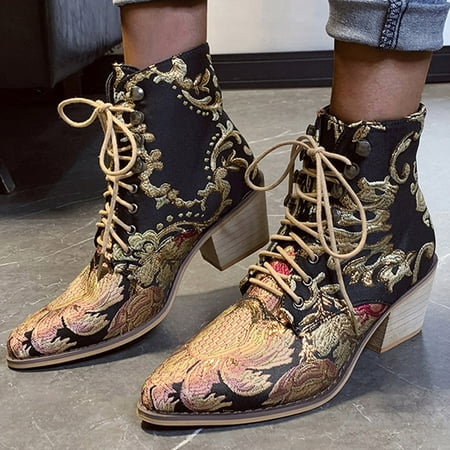 

Boots Pointed Heel Embroidery Lace-Up Toe Retro Shoes Women Boots women s boots