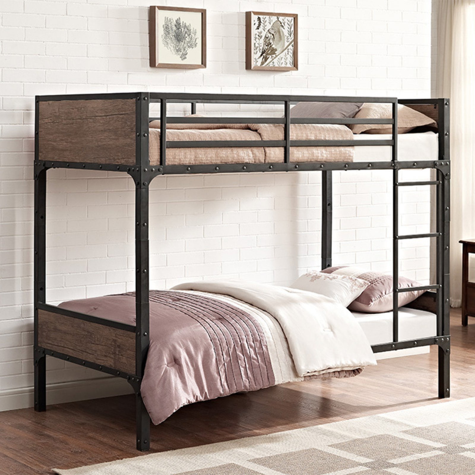 Walker Edison Twin Over Rustic, Distressed Wood Bunk Beds
