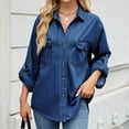 thumbnail image 2 of Women's Wash Adjustable Sleeve Denim Shirt Loose Top, 2 of 5