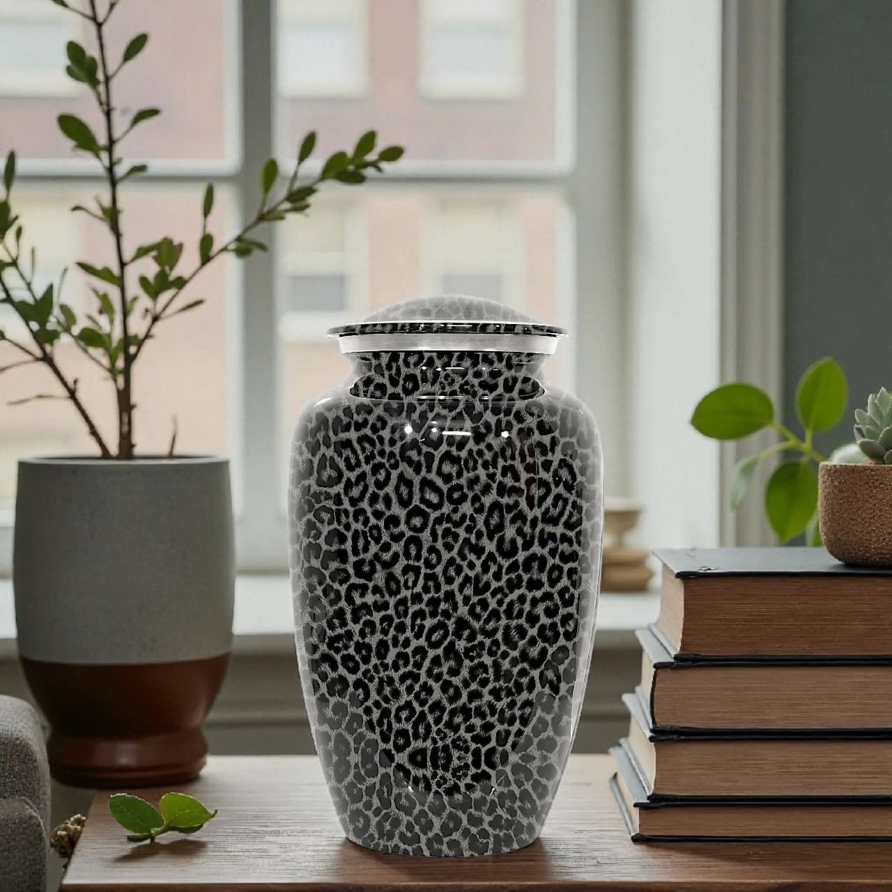 Elegant Cremation Urn For Human Ashes,  Adult Size Urn For Ashes, Grey Leopard Print Pattern, Holds Upto 200 cubic Ashes, With Velvet Bag
