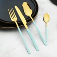 thumbnail image 2 of 24-Piece Flatware Set, 18/0 Stainless Steel Knife Fork Spoon Teaspoon Silverware Set, Service for 6, Mint Green slender handle Gold, 2 of 13