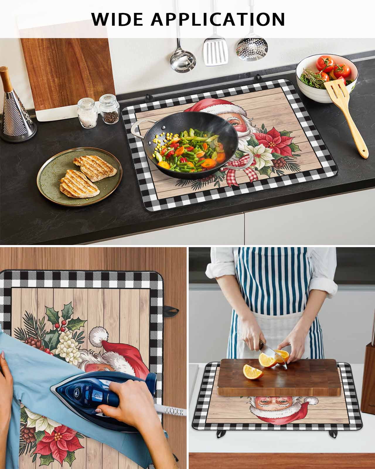 Large Induction Cooktop Protector Mat Christmas Stove Top Covers for Electric Stove, Winter Santa Claus Poinsettia Wooden Plaid Decorative Stove Burner Cover Mats, Glass Top Stove Cover