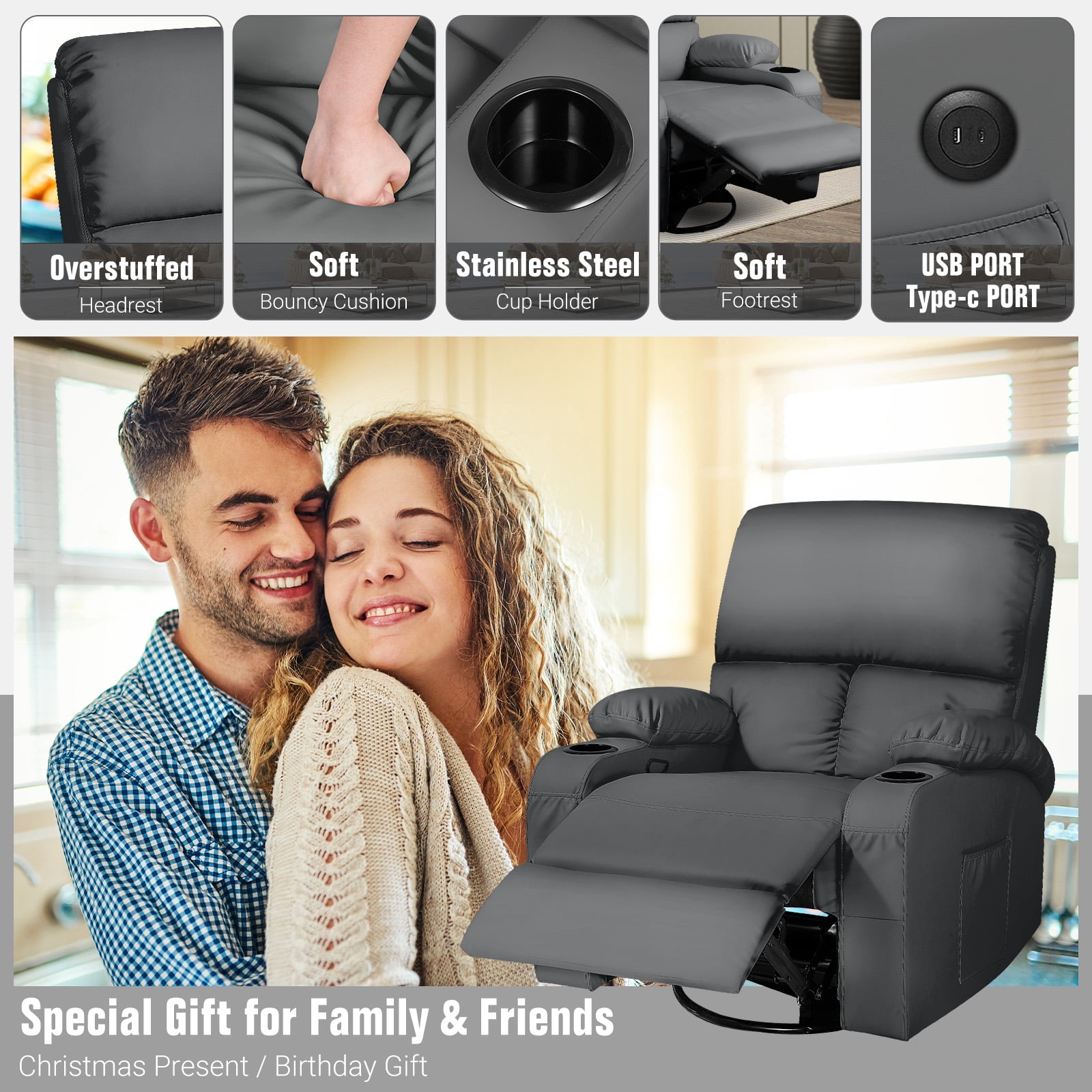 Rocking Recliner Chair, Massage Rocker Recliner Chair with Vibration Massage and Heat, USB and Type-C Ports,360° Swivel Faux Leather Chairs, Living Room, Bedroom, Nursery, RV, Dark grey
