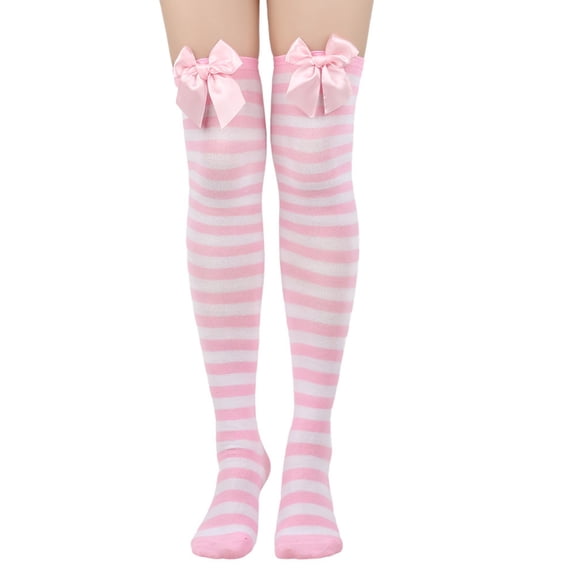 Women’s Striped Over-the-Knee Socks with Satin Bow Decor Soft Stretch Long Striped High Socks for Halloween Cosplay Christmas Costume Party,One Size
