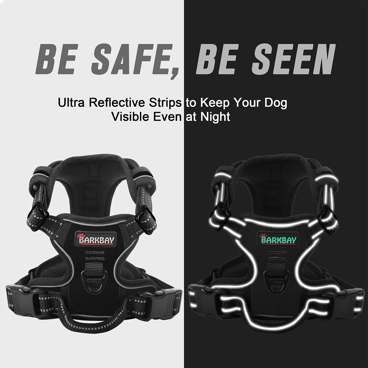 BARKBAY No Pull Dog Harness for Large Dogs with 2 Metal Leash Clips Reflective and Easy Control Handle for Walking Training Running Black,S