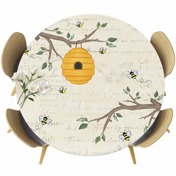 Bees Branches Round Tablecloth, Fitted Table Cover with Elastic for 36"-44" Round Tables, Farmhouse Spring Botanical Elegant Table Cloth Outdoor Indoor Dinning Party Waterproof Tablecloths