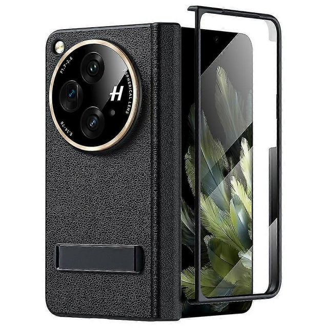 Genuine Leather Case For Oneplus Open, Built-in Screen Protector All-inclusive Protective Cover With Hinge Protection & Kickstand