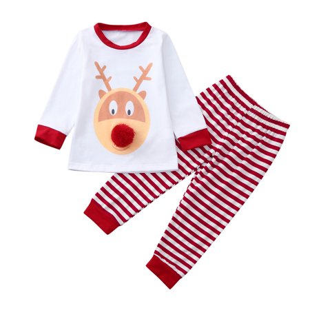 

TDuzdltu Autumn Winter Baby Boys Girls Christmas Deer Print Long-sleeved Top With Striped Pants Set GIft on Clearance