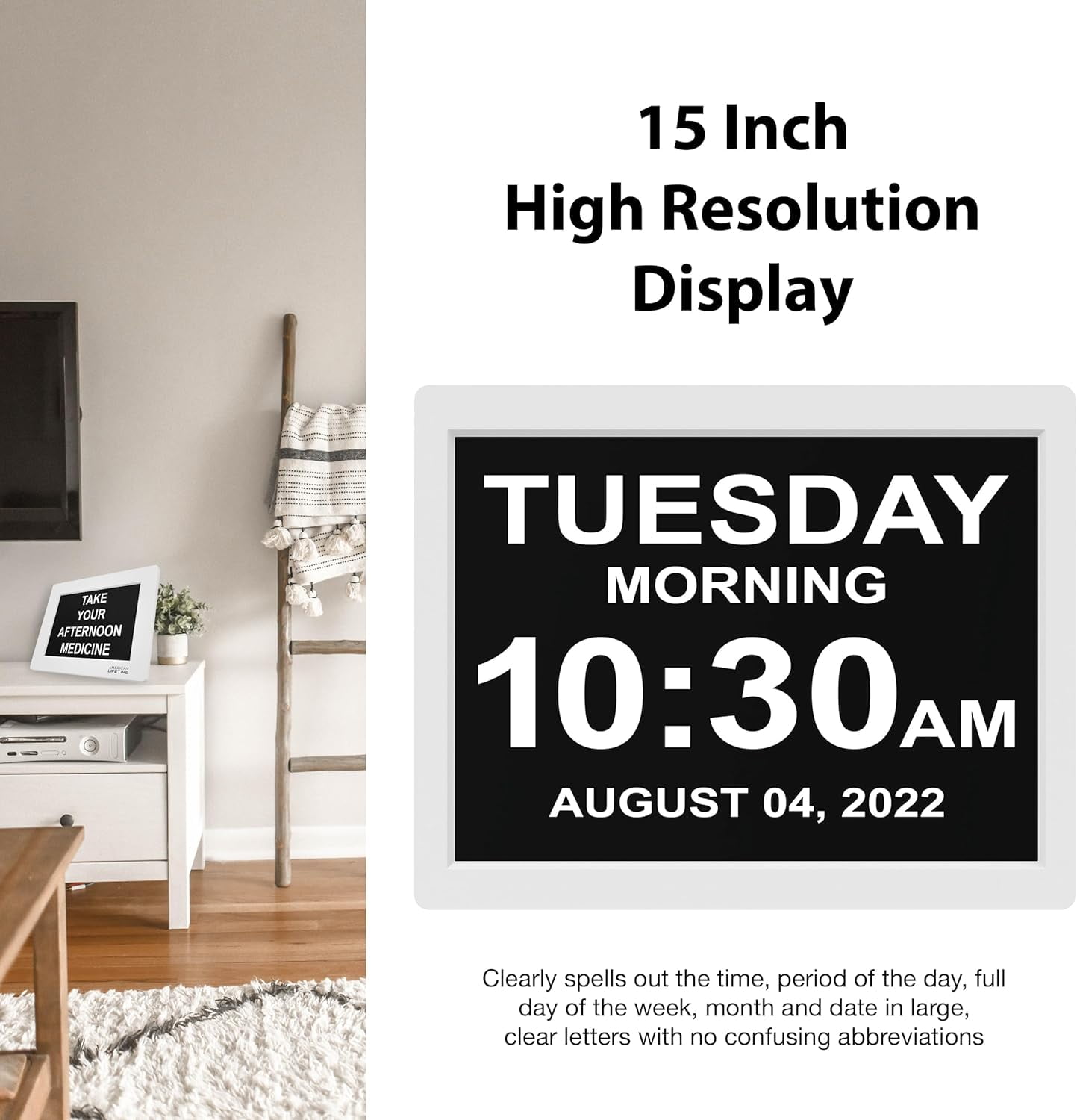 American Lifetime Digital Clock for Seniors with Custom Alarms, Day & Date, Large Display, White, 15 Inch