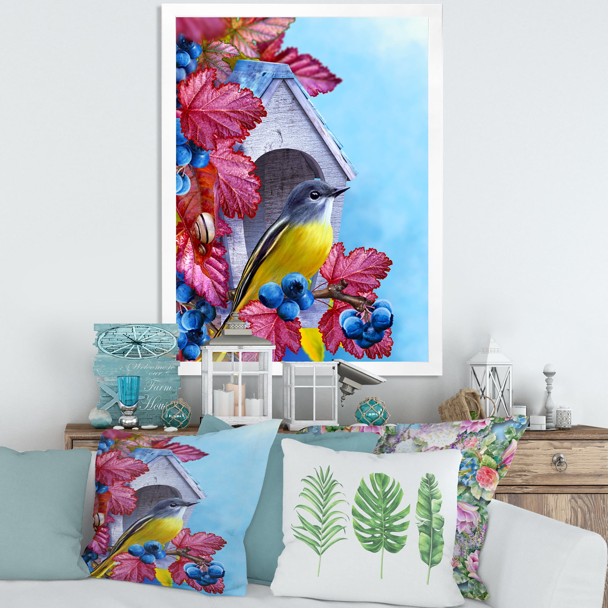 Designart 'Titmouse Bird Sitting On A Berries Branch Near A Birdhouse' Traditional Framed Art Print