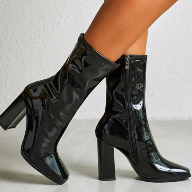 Botas elásticas de tacón alto con punta cuadrada y cremallera