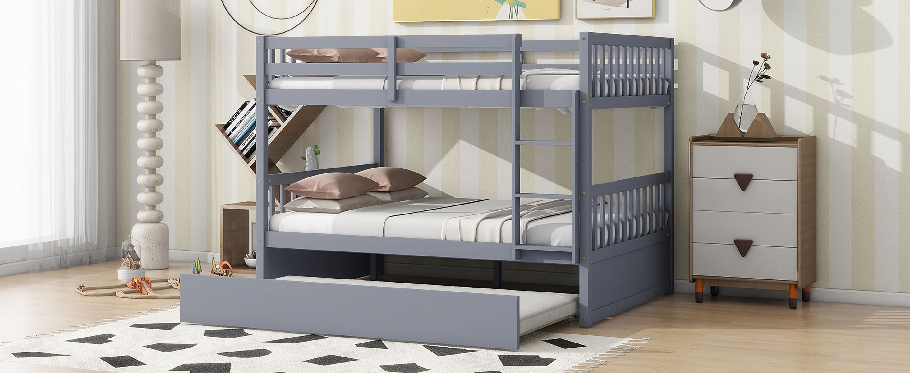 Sailvan Full Over Full Rubber Wood Bunk Bed with Trundle Ladder Guardrails, Convertible to 2 Beds