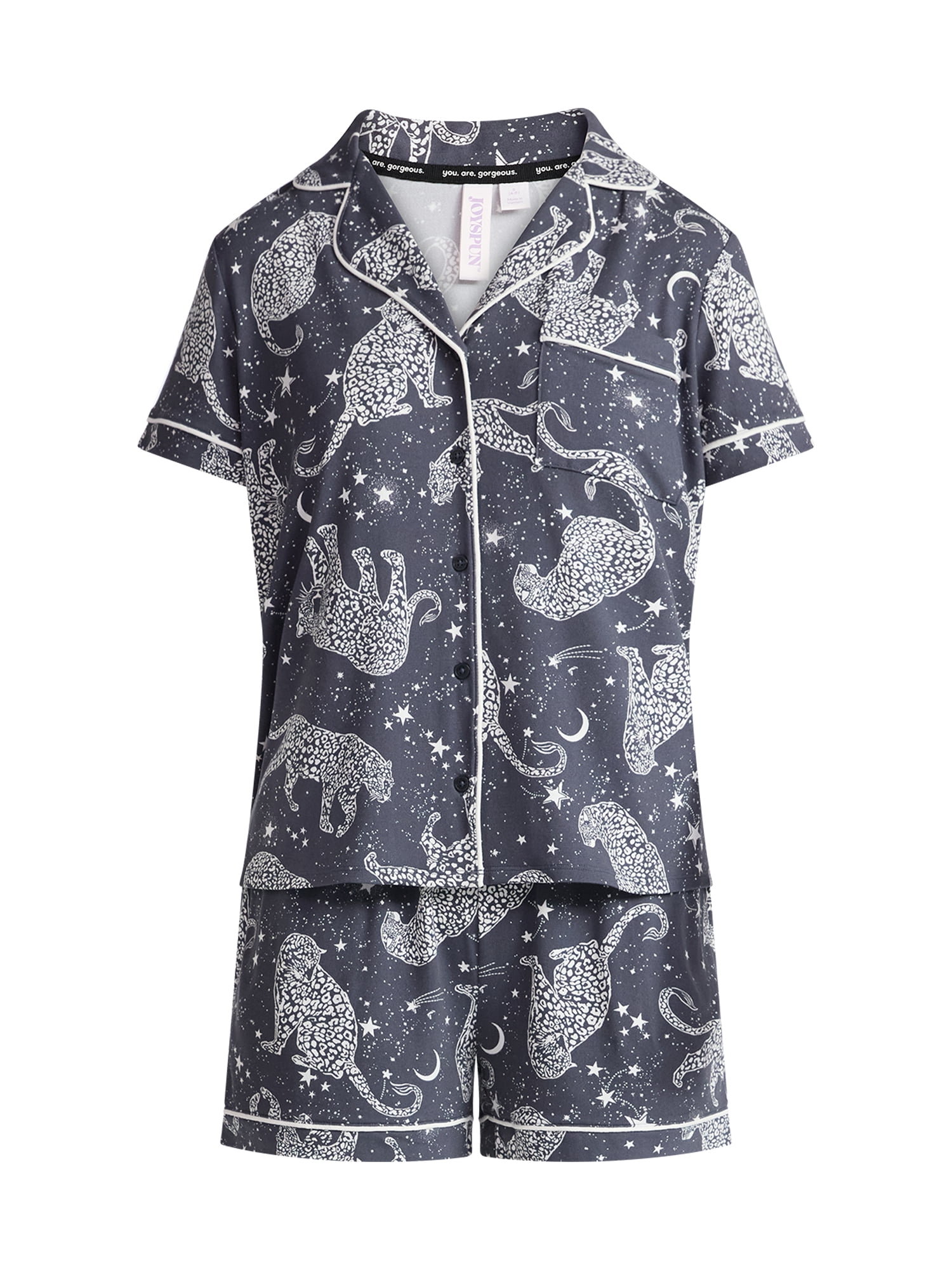 Joyspun Women’s Dreamy Soft Collection Notch Collar Knit Top and Boxer Shorts Pajama Set, Sizes XS-3X
