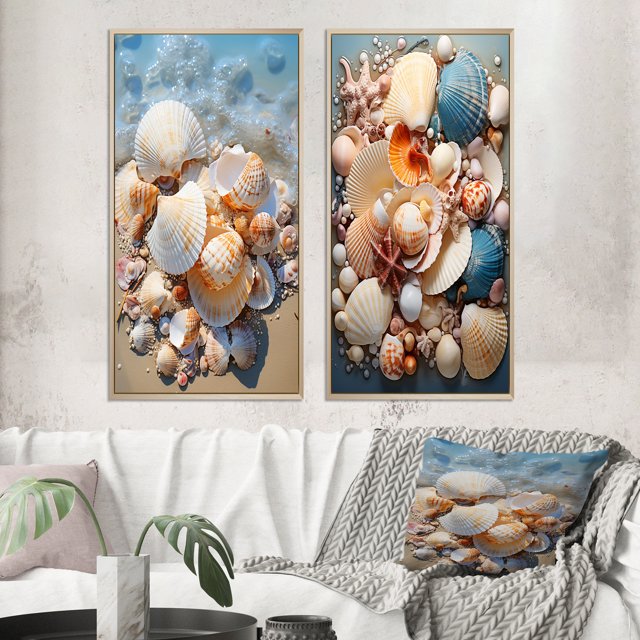 Designart "Beach Photo Seashell Euphony II" Coastal Animal Framed Wall Art Set Of 2 - Beige Beach Gallery Wall Frame Set For Home Decor