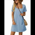 thumbnail image 3 of Vestido Informal de Corta con Cuello Cuadrado y Bolsillos, Color Liso, para Mujer, Azul , Talla XL, 3 of 9