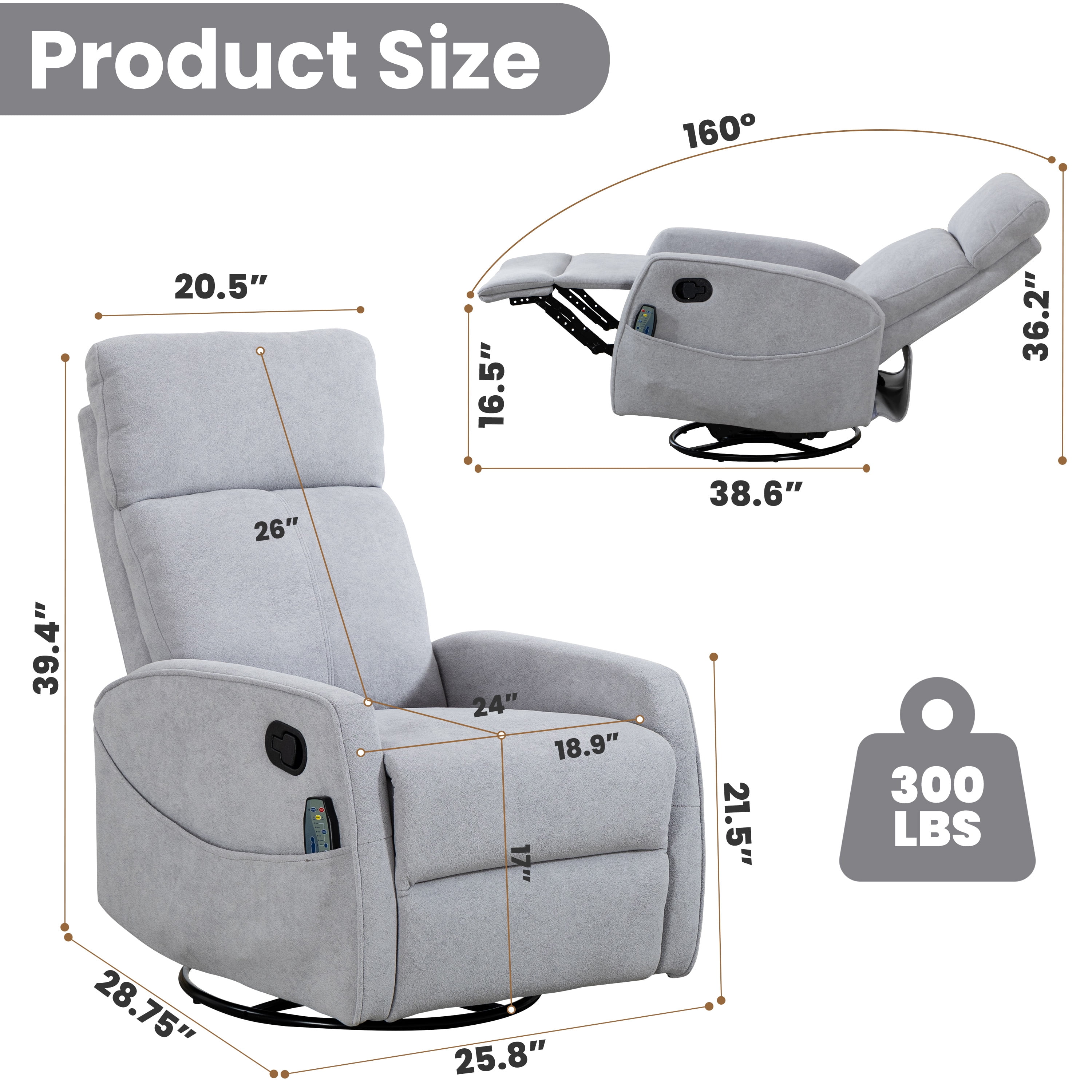Rocker Recliner with Heat and Massage, LEGAHOME Velvet Upholstered 360° Swivel Rocking Recliner, Small Rocker Recliner with Side Pockets for Small Space, Manual Rocking Chair for Nursery, Gray
