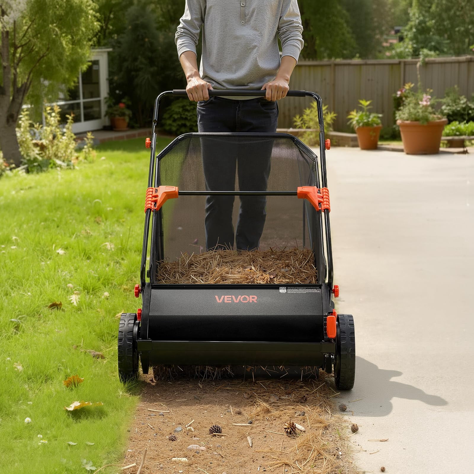 NOBOLEA 26" Push Lawn Sweeper, 7 Cu Ft Leaf & Grass Collector with Adjustable Brushes, Heavy Duty Yard Sweeper with Rubber Wheels for Outdoor Lawn Cleanup