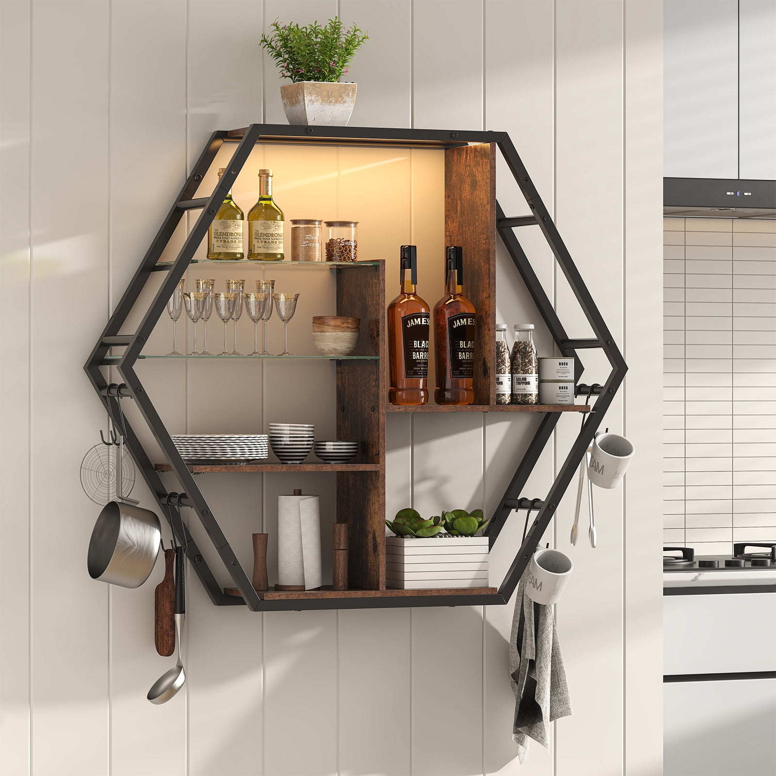 Spacesea Floating Shelves with Lights, Led Shelves for Wall, Gaming Room Decor Display Shelf, Lighted Bar Shelves, Extra Hanging Hooks Storage