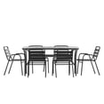 thumbnail image 2 of BizChair 7 Piece Commercial Outdoor Patio Dining Set with 60" Glass Patio Table, 4 Black Triple Slat Chairs and 2 Black Triple Slat Chairs with Arms, 2 of 11