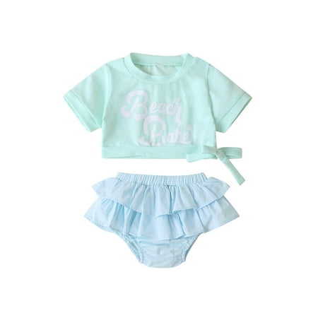 

Shakub Infant Baby Girls Kids Child Two Piece Outfit Short Sleeve Tops T-shirts + Ruffle Shorts Casual Set