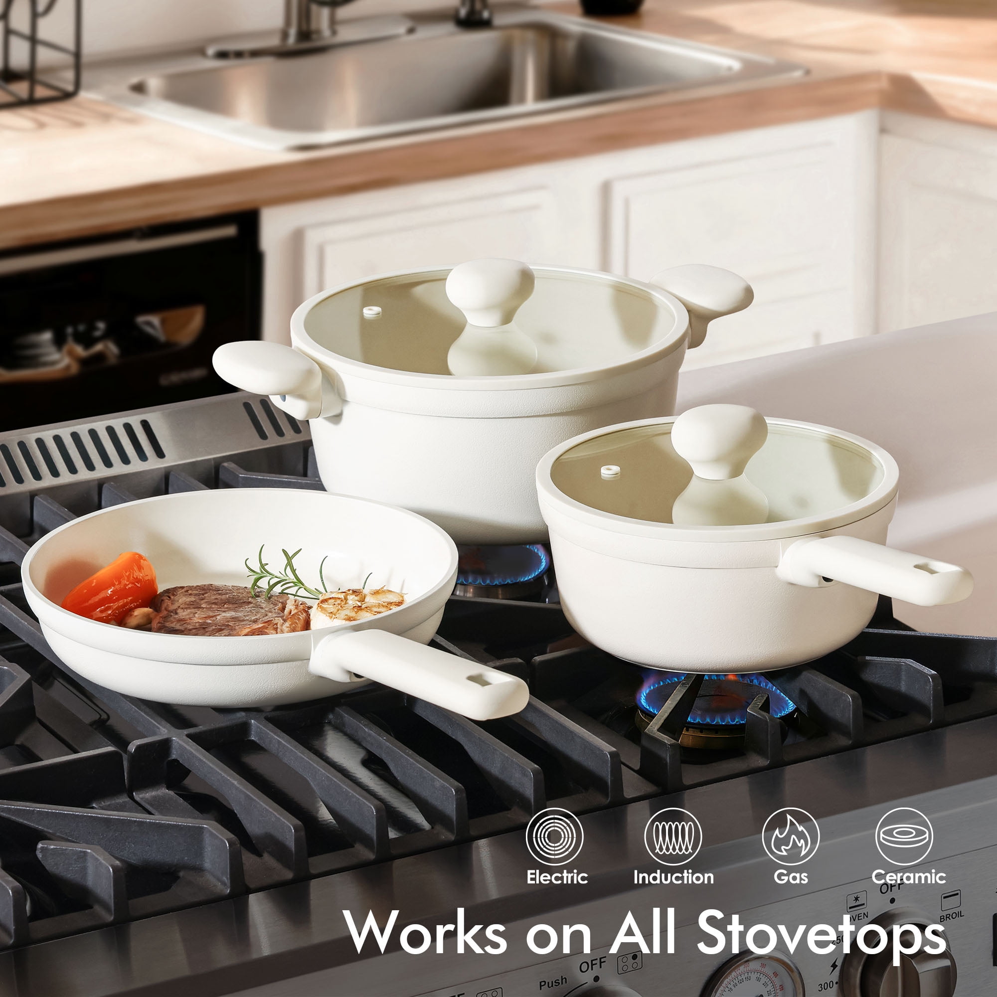 SENSARTE 24-Piece Ceramic Pots and Pans Set, Cream White Induction Nonstick Cookware Set, Healthy Kitchen Cooking Sets with Stay-Cool Handles, Dishwasher Safe, Stackable
