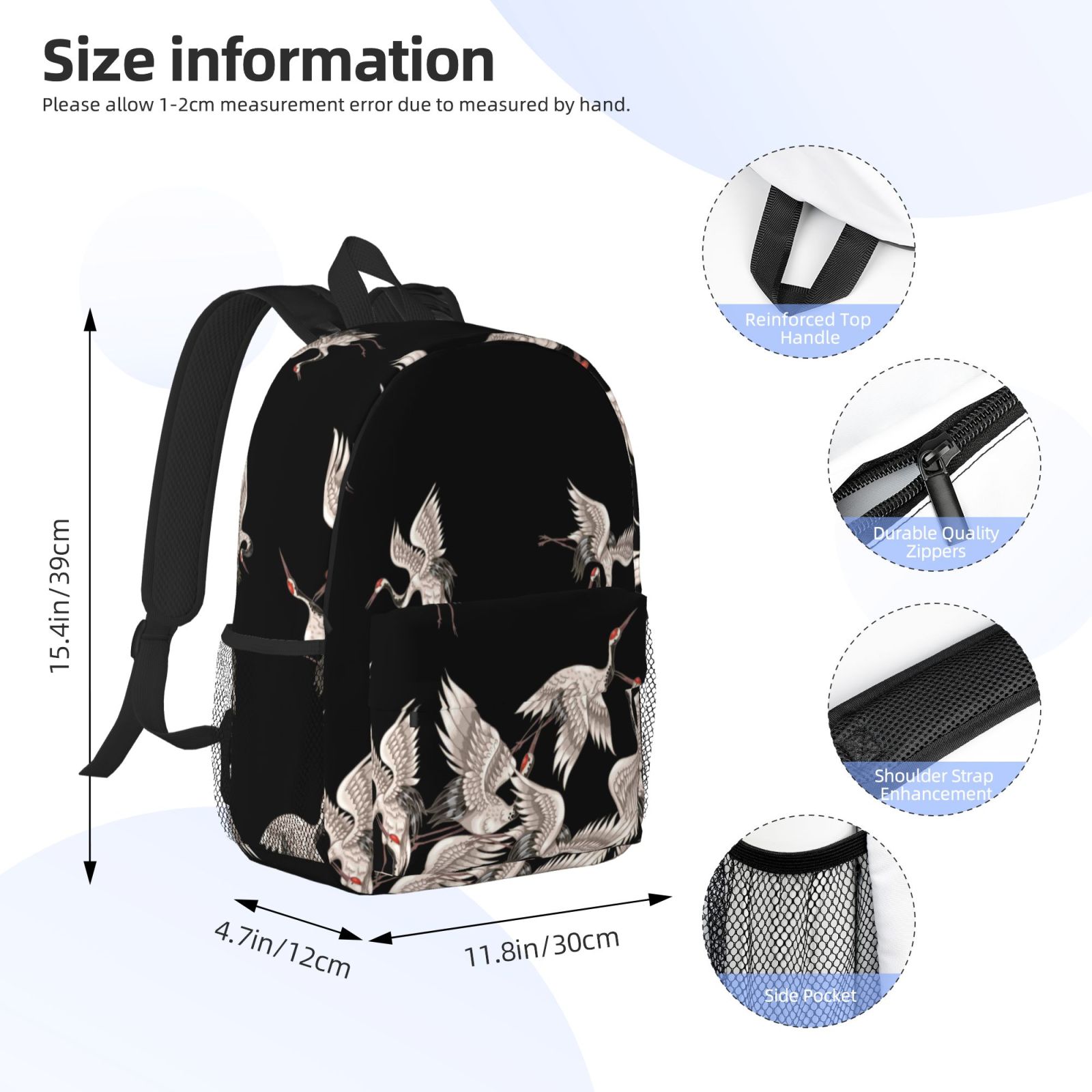 Rateoe Japanese White Crane Pattern Student Backpack Water-resistant Backpack 15-inch Laptop Backpack Lightweight Adjustable School Backpack