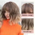 thumbnail image 2 of 12-inch bob wig - brown highlights, bangs, dark roots, high-temperature machined synthetic fibers, adjustable rose mesh, suitable for Halloween, carnivals, Christmas parties, and everyday wear, natur, 2 of 9