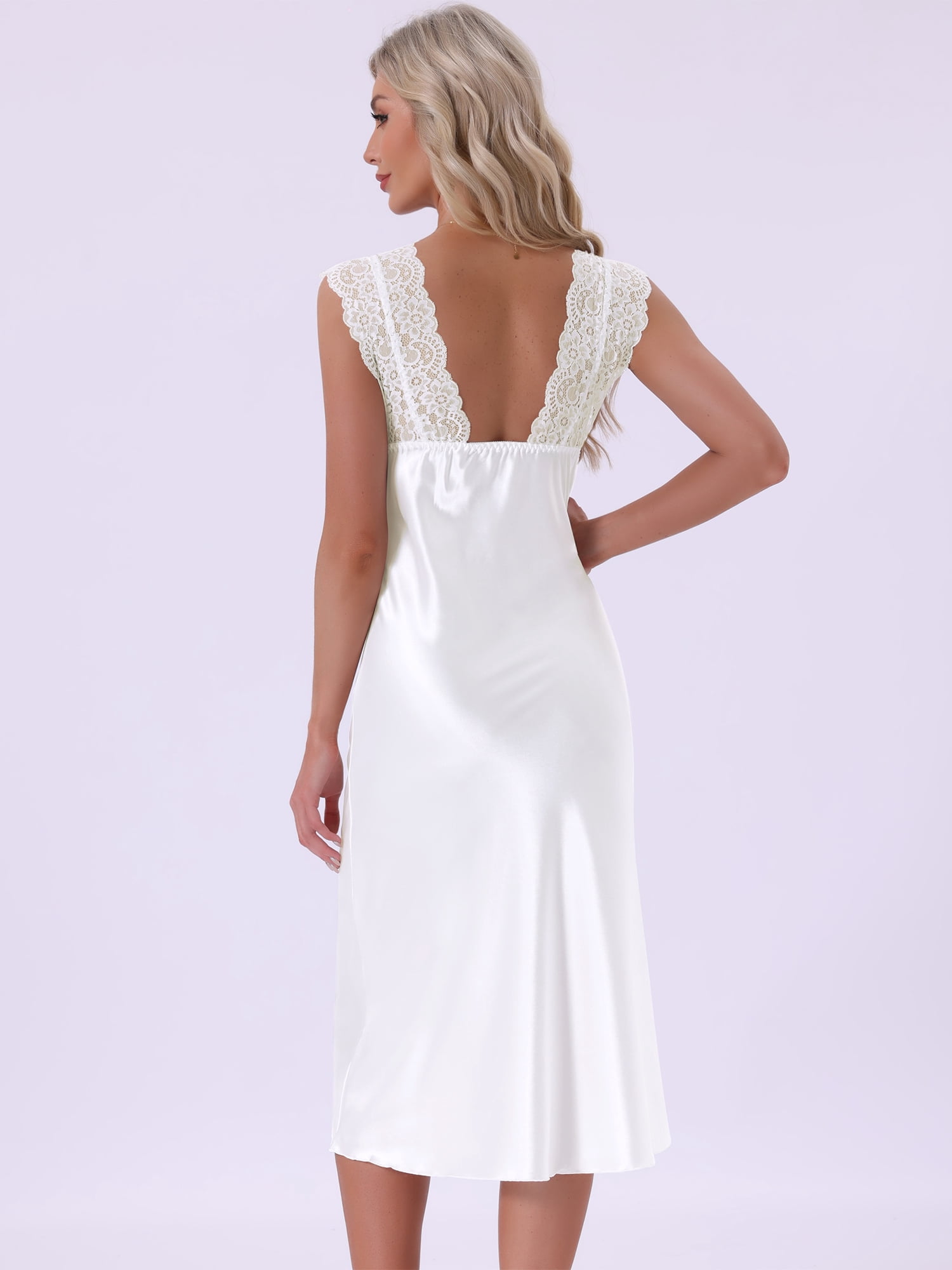 DARING DIVA Women's Satin Tank Lace Trim V-Neck Sleepwear Pajama Dress S White