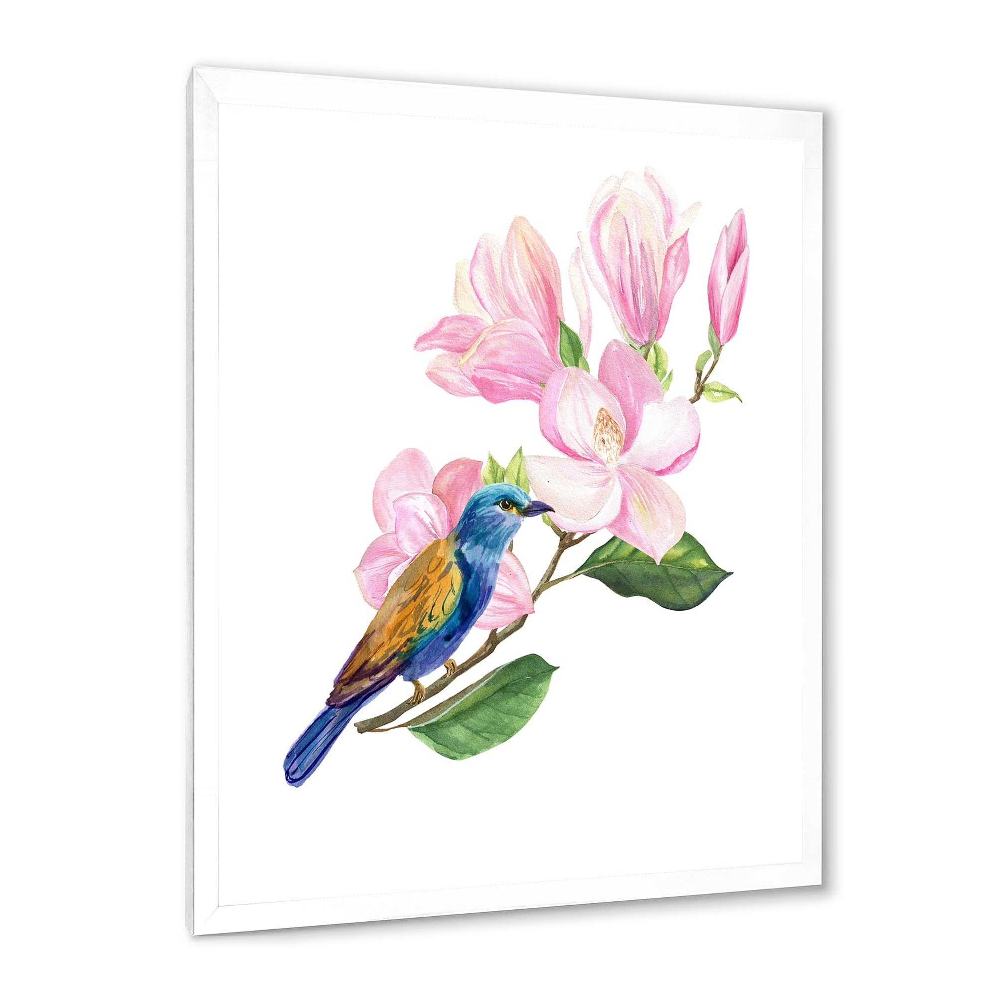 Designart 'Blue Bird Sitting On A Pink Magnolia' Traditional Framed Art Print