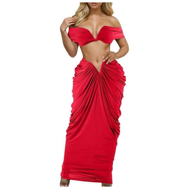 Conjunto sexy de corpiño sin mangas y falda larga elástica: poliéster, diseño plisado ajustado, conjunto para fiesta nocturna, tallas S-XXXL