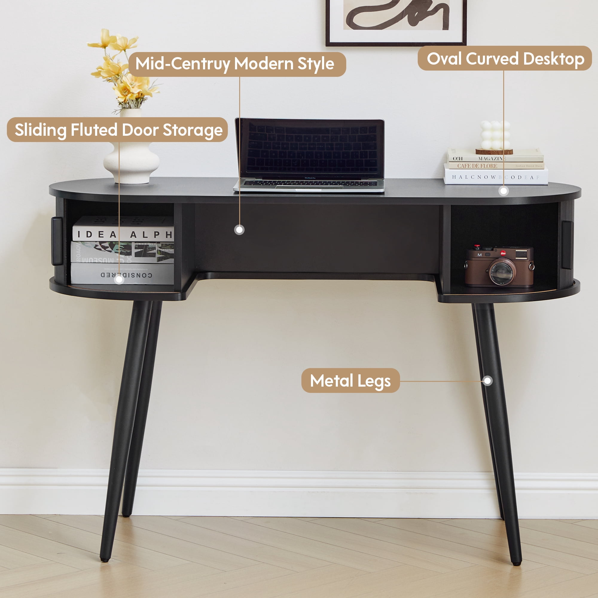 Wirrytor 43" Oval Fluted Home Office Desk, Small Computer Desk Mid Century Modern Vanity Table with Sliding Tambour Door, Wooden Writing Study Desk for Small Spaces, Bedroom, Office(Black)
