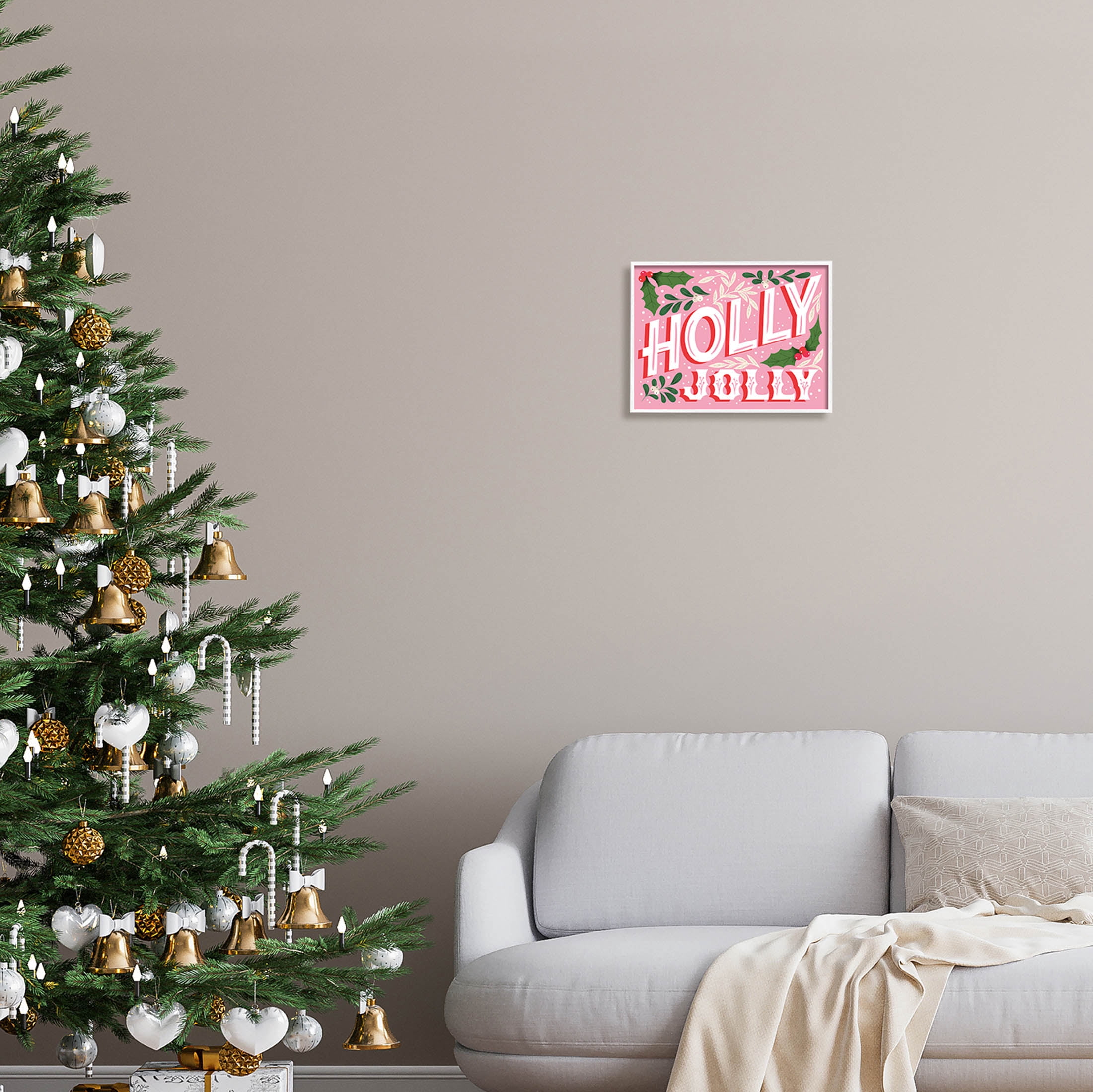 Stupell Industries Bold Pink Holly Jolly Phrase Graphic Art White Framed Art Print Wall Art, Design by The Saturday Evening Post