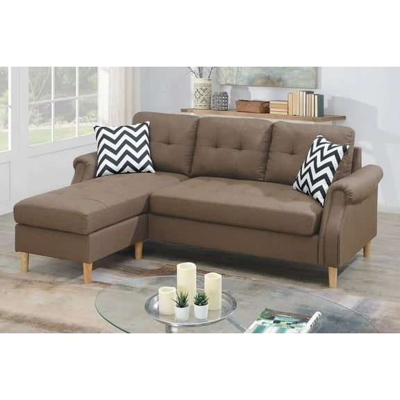 Living Room Modern Relax Small Family Reversible Sectional Sofa Set Polyfiber Light Coffee Cushion Couch Pillows