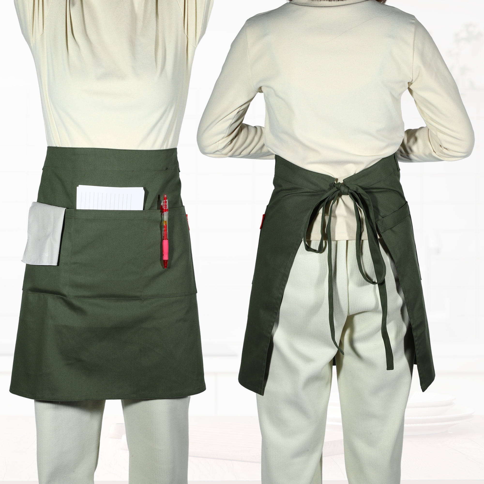 Unique Bargains Serving Cooking Versatile Waist Apron with Pockets Army Green