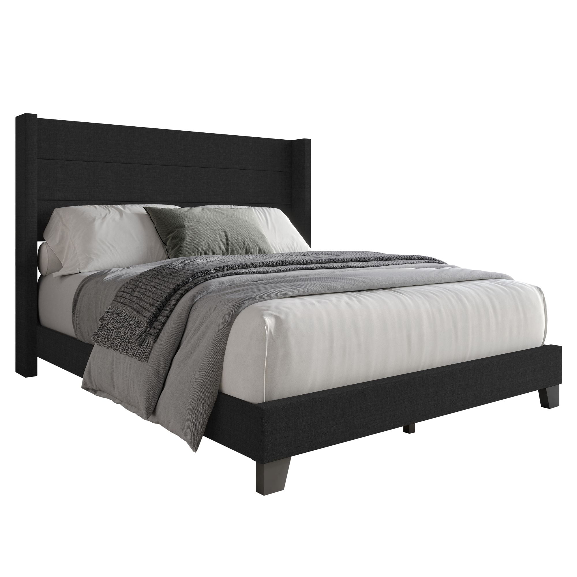Home Design Niles King Upholstered Panel Bed Frame with Wingback Headboard and Foam-Padded Support, Black, Easy Assembly