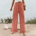 thumbnail image 4 of QATAINLAV Summer Linen Beach Pants for Women Fashion Ruffle Hem Palazzo Pants Loose Flowy Wide Leg Lounge Pant Trousers with Pockets Orange S, 4 of 8