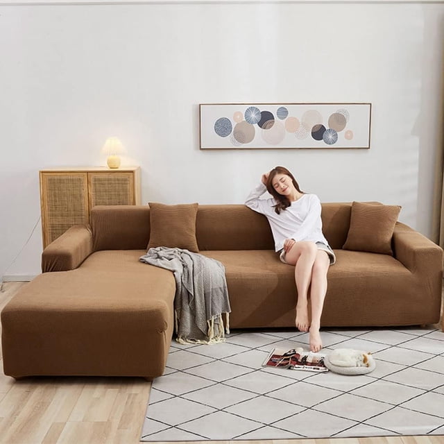 Housse de Canapé Sectionnelle 2 Pcs en Polyester Extensible Forme L Couleur Unie Douceur - Marron-2-2 Places+2 Places