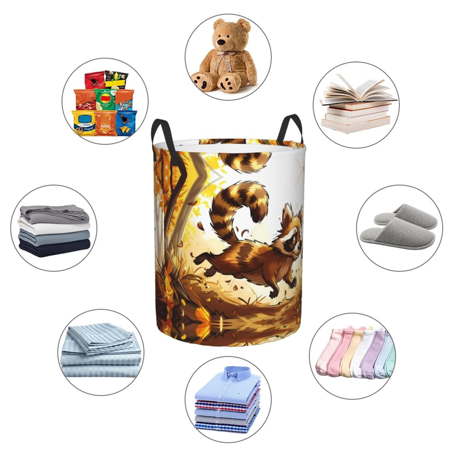 Large Laundry Basket with Handles - Autumn Raccoon In Forest Kids Baby Dirty Clothes Laundry Hamper for Bedroom Aesthetic