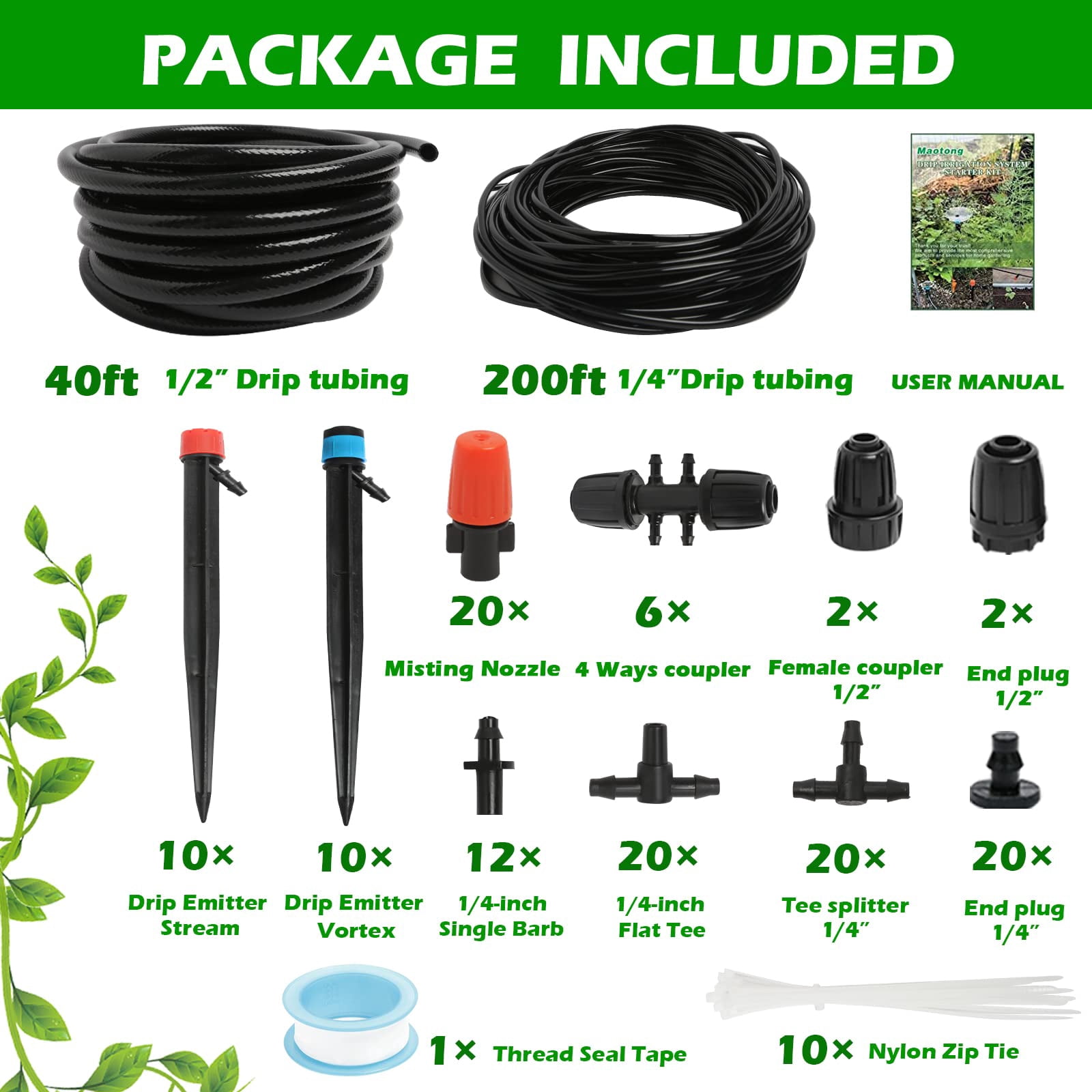 240FT Drip Irrigation System Kit, Automatic Garden Watering Misting System for Greenhouse Yard Lawn
