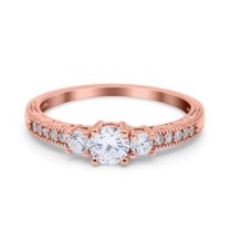 Rose Tone, Simulated Cubic Zirconia Size-5 Three Stone Art Deco Engagement Bridal Ring 925 Sterling Silver