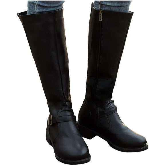Faux Leather Boots for Womens Knee High Slouchy Wide Calf Round Toe Boots Winter Buckle Strap Low Heels Riding Combat Booties