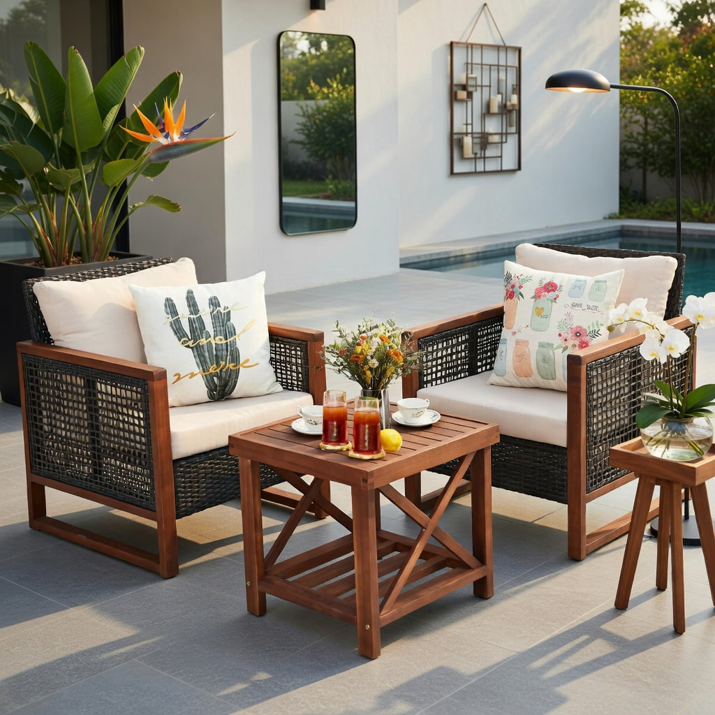 Hommoo 3-Piece Outdoor Wicker Patio Furniture Set with Washable Cushions, Acacia Wood Coffee Table, Modern Backyard Seating for Balcony, Garden & Deck, Beige