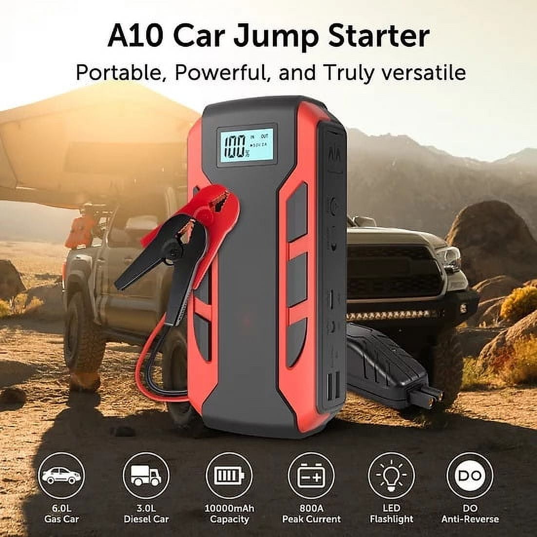 Alpha Digital 800A Portable Car Jump Starter 10,000mAh 6.0L Gas/3.0L Diesel