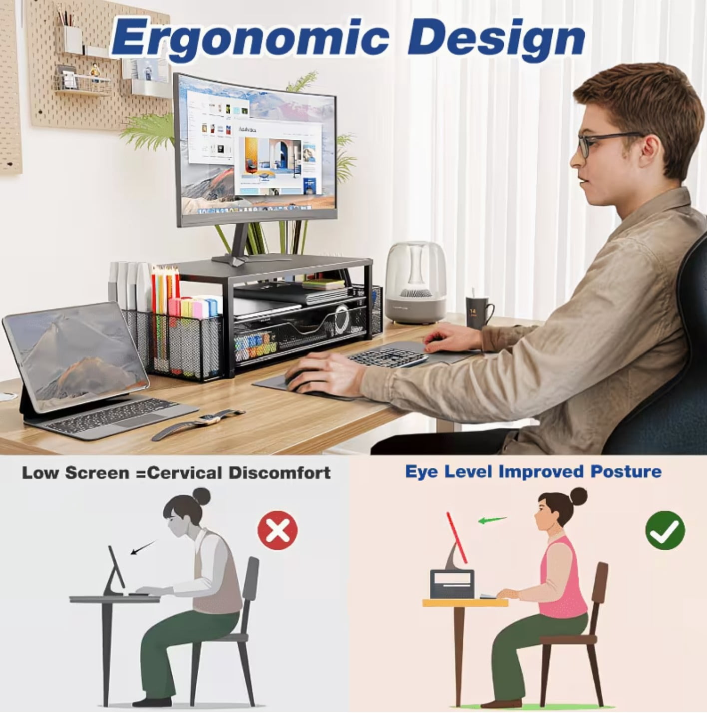 BoldDeco Monitor Stand Riser 2-Tier Metal Desk Organizer with Drawer Pen Holders for Computer Monitor Laptop Black