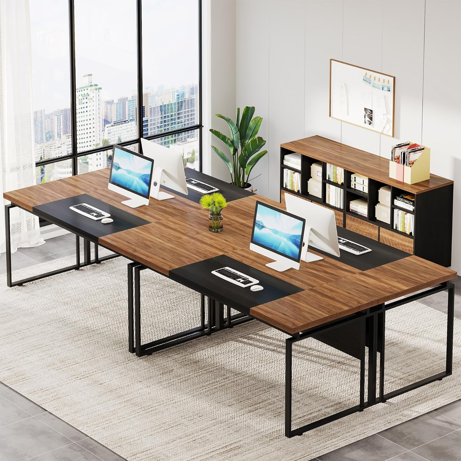 L-Shaped Executive Desk with Reversible File Cabinet, 3" Office Desk with Storage Drawers, Walnut & Black