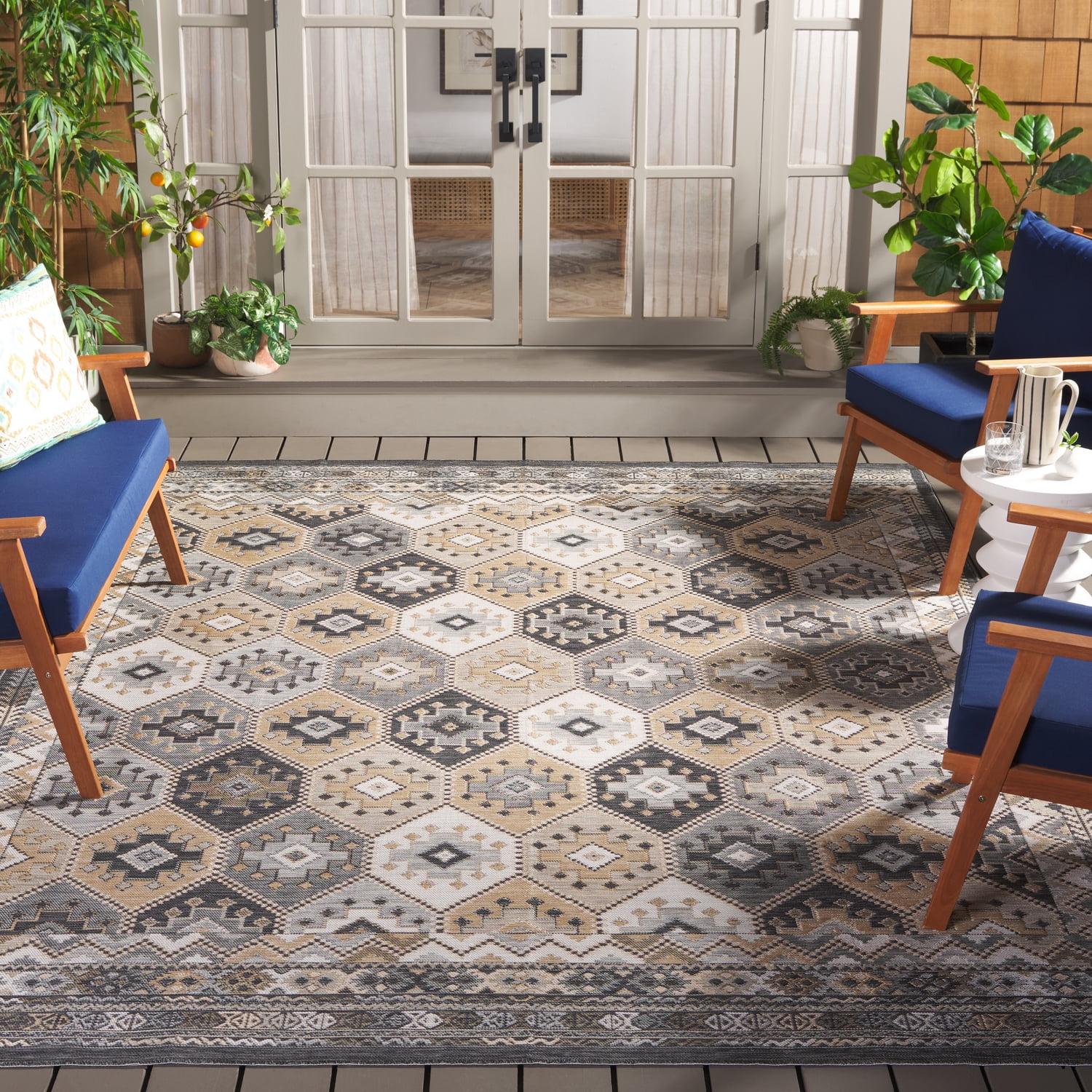 SAFAVIEH Sunrise Lara Geometric Reversible Indoor/Outdoor Area Rug, Ivory/Grey Black, 8' x 10'