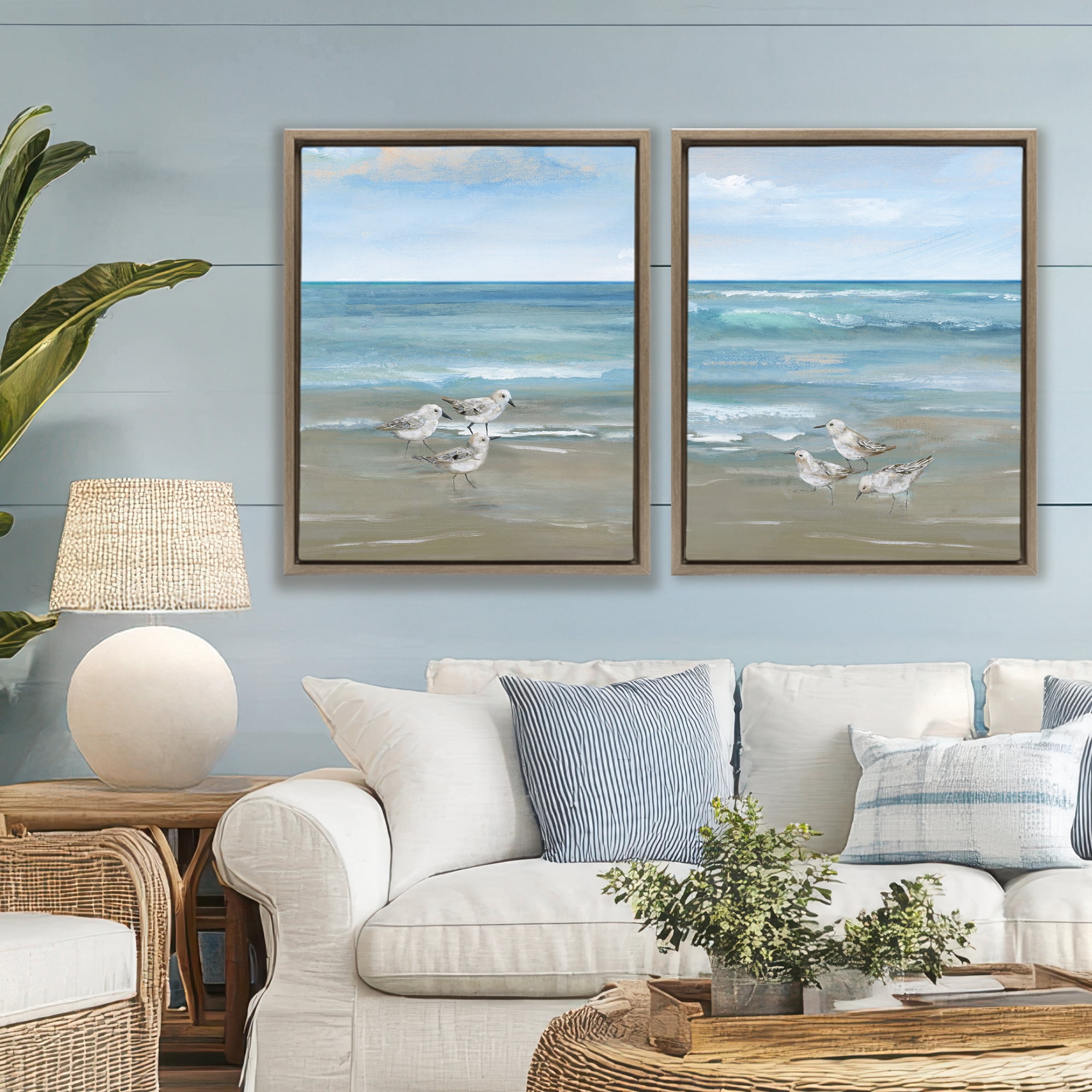 Stupell Industries Seaside Sanderlings at Dawn 2 Piece Brown Framed Floater Canvas Set, design by Nan